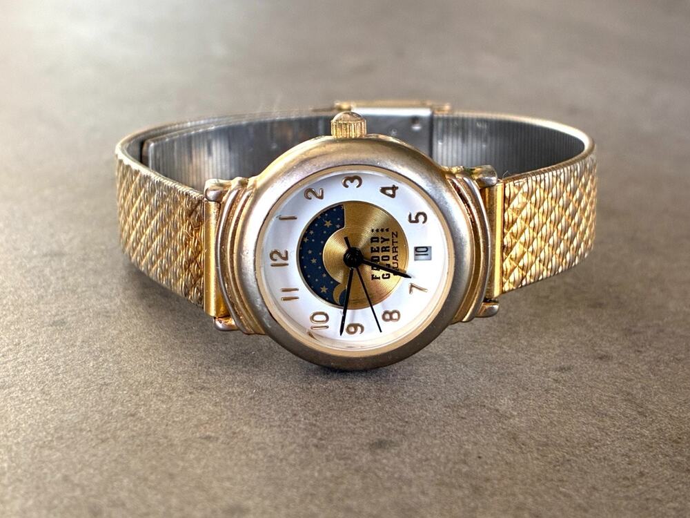 Faded Glory Women’s Moon Phase Quartz Watch Gold Tone White Dial Working